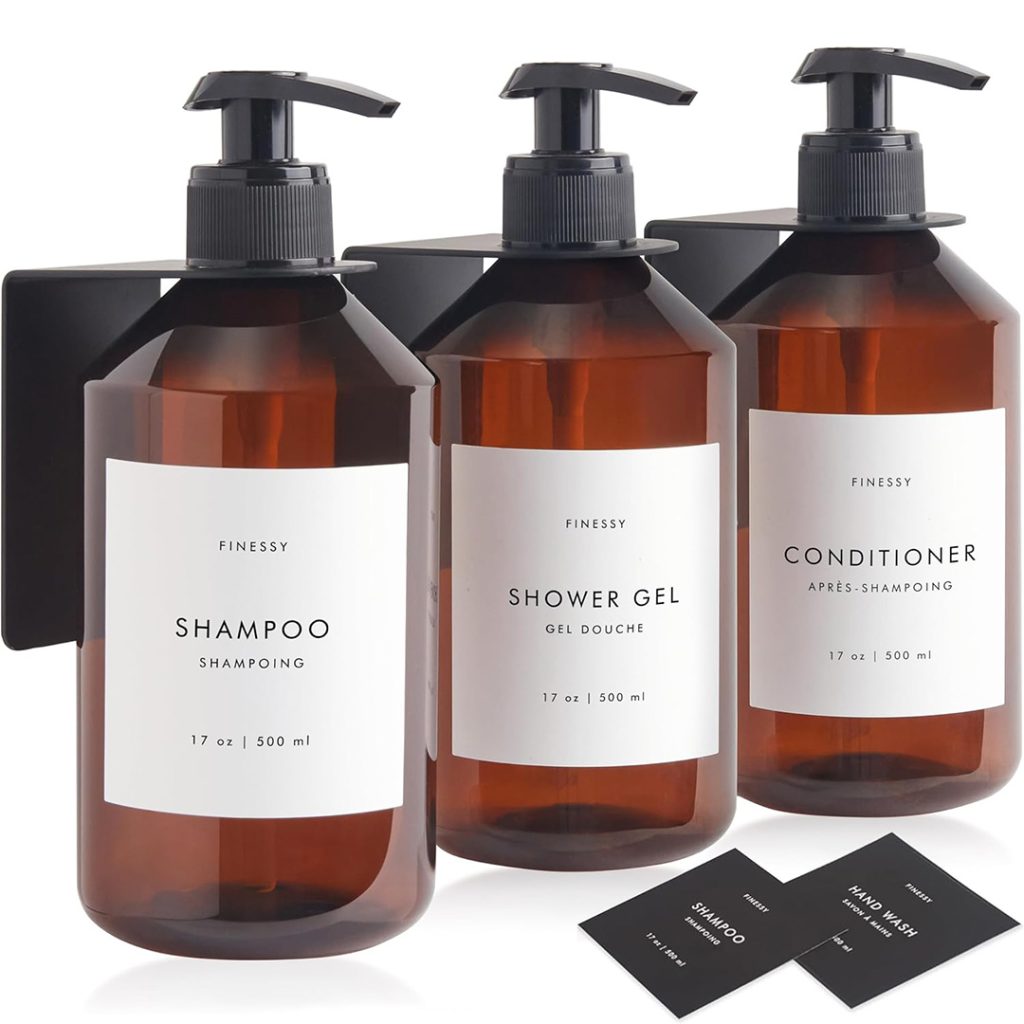 Wall mounted shampoo and conditioner container set with amber bottles for shampoo conditioner and body wash