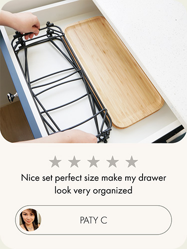 Customer review showing a foldable 3 tier serving tray stored neatly in a kitchen drawer